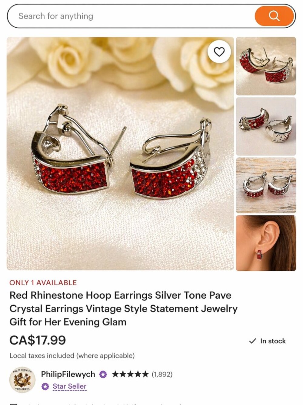 SE-52-Red Rhinestone Hoop Earrings Sparkle Silver Tone Statement Glam Gift